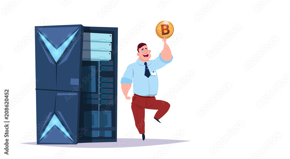 Poster data storage bitcoin center with hosting servers and staff. computer mining communication support, c