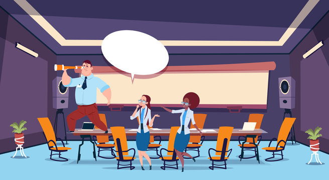 business presentation bubble concept businessman hold binoculars team brainstorming group of business people professionals meeting discussing report in office flat vector illustration