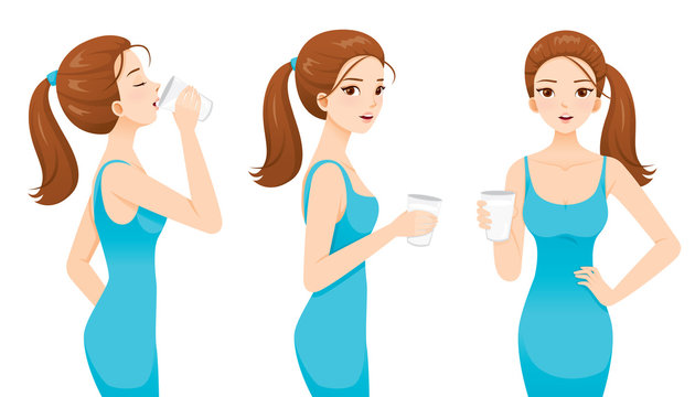 Woman Drinking Milk For Health. Good Shape Woman In Blue Dress, Tall, Healthy, Care, People, Lifestyle