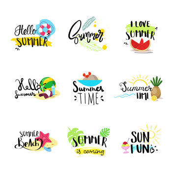 hello summer badge set isolated typographic design label, season holidays lettering for logo,templates, invitation, greeting card, prints and posters. vector illustration