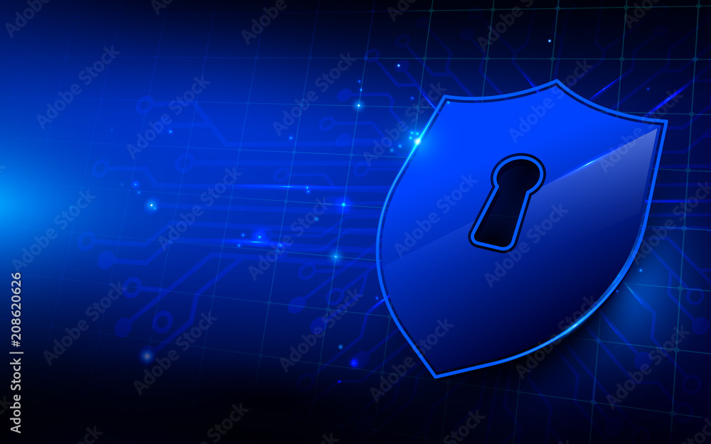 Poster protection shield and blue circuit background. data security concept