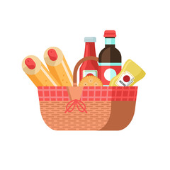 Picnic basket with food. Vector illustration.