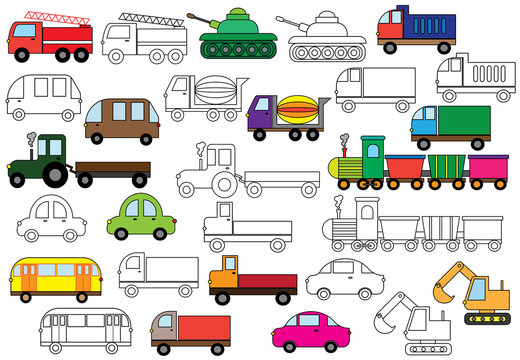 Transport. Set of cars. Coloring book. Vector illustration.