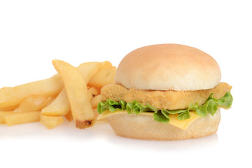 closeup fish sandwich with french fries