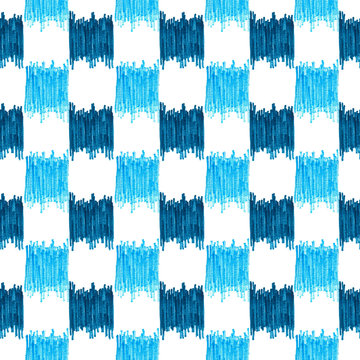 seamless blue checkered ikat watercolor pattern on white background, ethnic fashion for textile, illustration