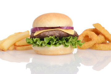 hamburger with french fries and onion rings