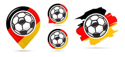 Naklejka premium German football vector icons. Soccer goal. Set of football icons. Football map pointer. Football ball. Soccer ball.