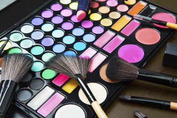 Professional makeup palette with cosmetic brushes