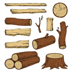 Wood, burning materials. Vector sketch illustration collection. Materials for wood industry. Stump, branch, timber. Tree lumber