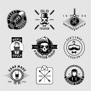 Street fashion vintage lables. Male clothes shop retro signs collection. Vector isolated emblems.