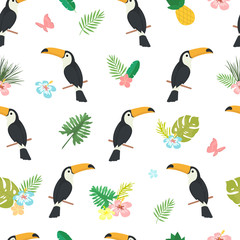 Seamless vector cartoon doodle pattern. Exotic tropical texture for printing, web design, poster template. Collection of funny elements
