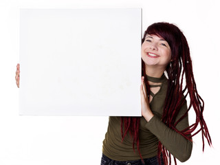 Woman with white message board