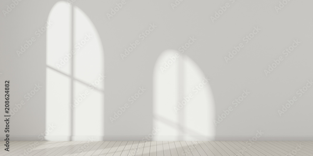 Poster 3d stimulate of white room interior and wood plank floor with sun light cast the arch window shadow 