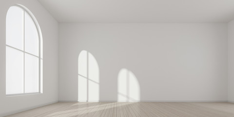 3D stimulate of white room interior and wood plank floor with sun light cast the arch window shadow...