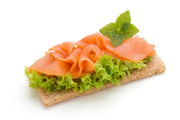 Bread with fresh salmon fillet isolated on white background, top view.