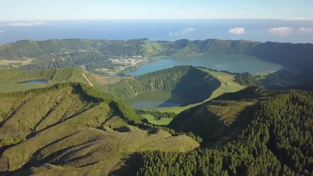 Azores aerial view - volcanic landscape, mountains and lake in Sao Miguel