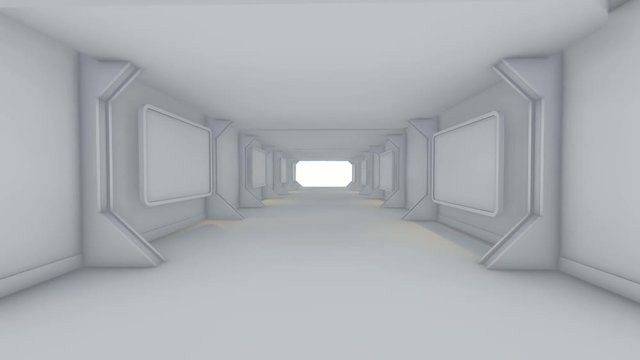 Walk through to futuristic white color with abstract building in spacious interior.