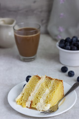 Blueberry and cream cake. Queen Victoria sponge cake with blueberry. 