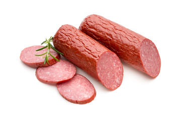 Salami smoked sausage, basil leaves on white background cutout.