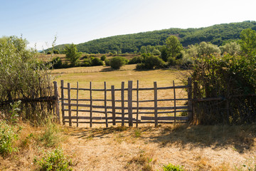 Fototapeta premium Portilla o cancela rural de madera para cierre en pradera de hierba en verano