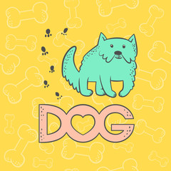 Vector cute dog mastiff. Funny caricature animal cartoon character. Contour flat card bright pet isolated colorful sketch illustration. Seamless background with bones, inscription and heart.