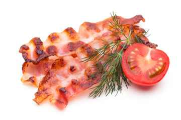 Cooked bacon rashers isolated on white.