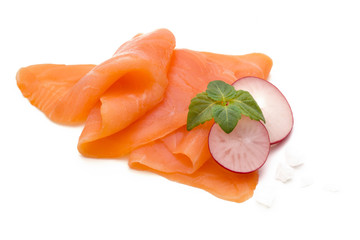 Fresh salmon slice and spice on the white background.