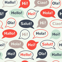 Colorful speech bubbles, baloons with greetings hello, hi in different languages: english, french, german, italian, spanish, norwegian, danish. Seamless vector repeat pattern. Flat design background.