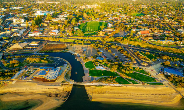 Aerial view of waterfront suburbian area on Mornington Peninsula at sunset. Melbourne, Australia