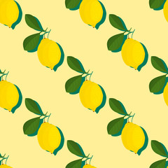 Trendy minimal summer seamless pattern with whole, sliced fresh fruit lemon on color background