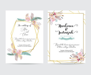 Geometry gold wedding invitation card with flower,leaf,feather and frame