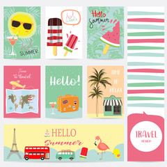 Travel greeting card with sea,sky,ship,balloon,rainbow,beach,coconut tree,watermelon,luggage,van and bus in london