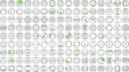 Black and green business thin line icons set on white background