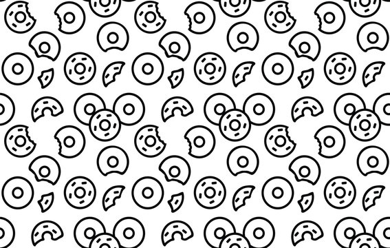 Seamless donuts pattern,
seamless vector print with various donuts, including bitten, abstract decorative background on a theme of food, baking, holiday, party