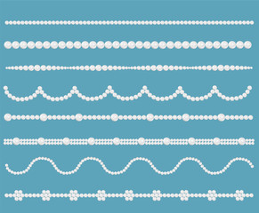Pearl glamour borders. Vector bride pearls vintage accessories necklace patterns isolated on blue. Elegant luxury decoration feminine with pearl bead illustration