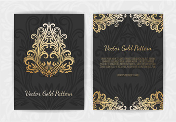 Fototapeta na wymiar Gold vintage greeting card on a black background. Luxury ornament template.