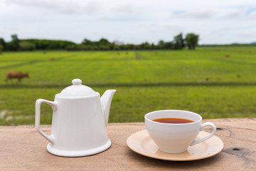 Hot lemon tea with pot on wooden table near rice field