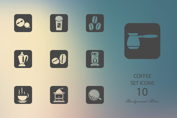 Coffee. Set of flat icons on blurred background