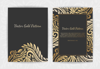 Gold vintage greeting card on a black background. Luxury ornament template.
