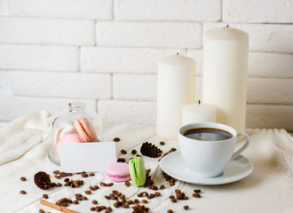 Business lunch concept. Phone, business card and a cup of coffee on the table.
