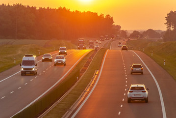 traffic on the Polish highway during sunset