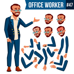 Office Worker Vector. Turkish. Turk. Face Emotions, Various Gestures. Animation Creation Set. Business Human. Smiling Manager, Servant, Workman, Officer. Flat Character Illustration