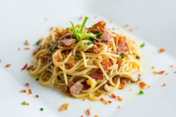 Spaghetti on white plate