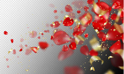 Flying rose petal and golden confetti on transparent background. Vector holiday illustration. Festive decoration. Wedding background.