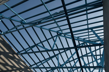 Structure of steel roof frame for building construction.