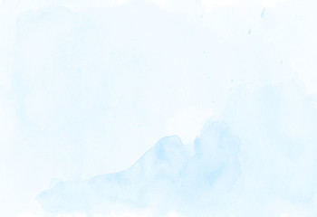 Modern white-blue watercolor background texture. The color splashing on the paper. It is a hand drawn.