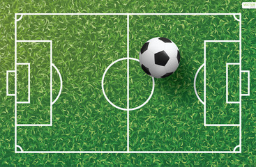 Soccer football ball on green grass of soccer field with line pattern and grass texture background. Vector.