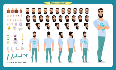 Obraz premium Hipster creation kit. Set of flat male cartoon character body parts, hairstyles, trendy clothing,