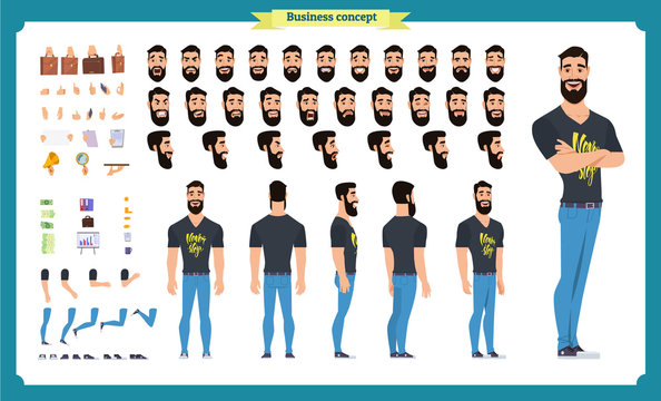 Hipster creation kit. Set of flat male cartoon character body parts, hairstyles, trendy clothing,