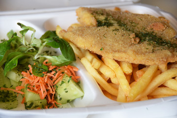 fish fried in french fries and a salad of fresh cucumber and grated carrot in a plastic container for a picnic